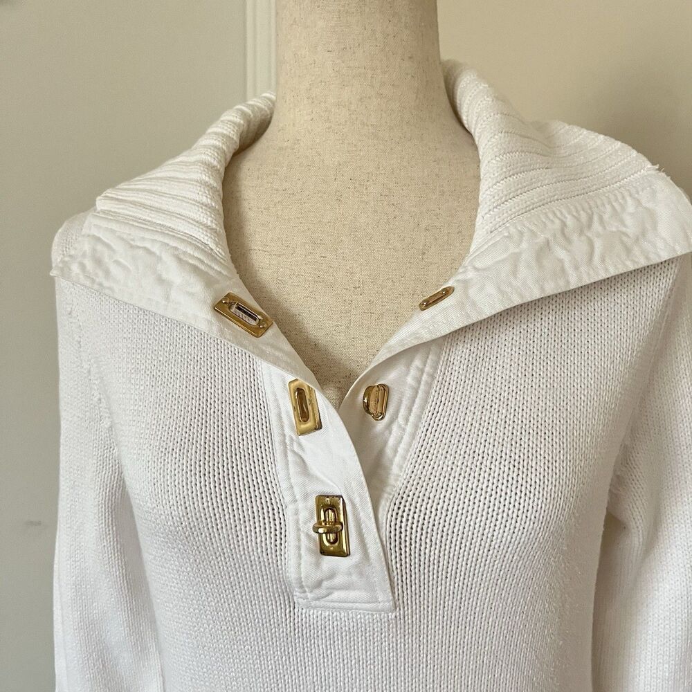 Lauren Ralph Lauren LRL White Cotton Sz S Sweater Gold Clasp Shawl Collar - Picture 3 of 4